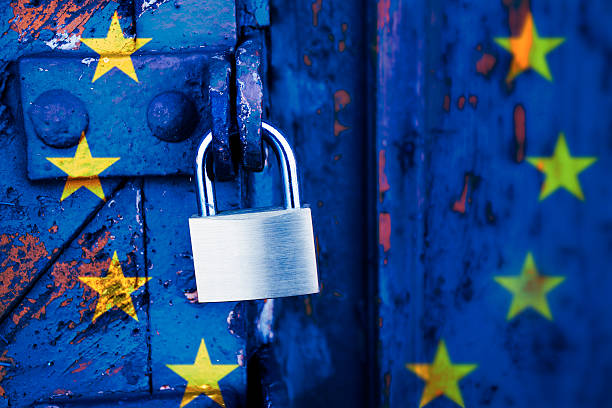 Locked europe, padlock on a door with the EU flag