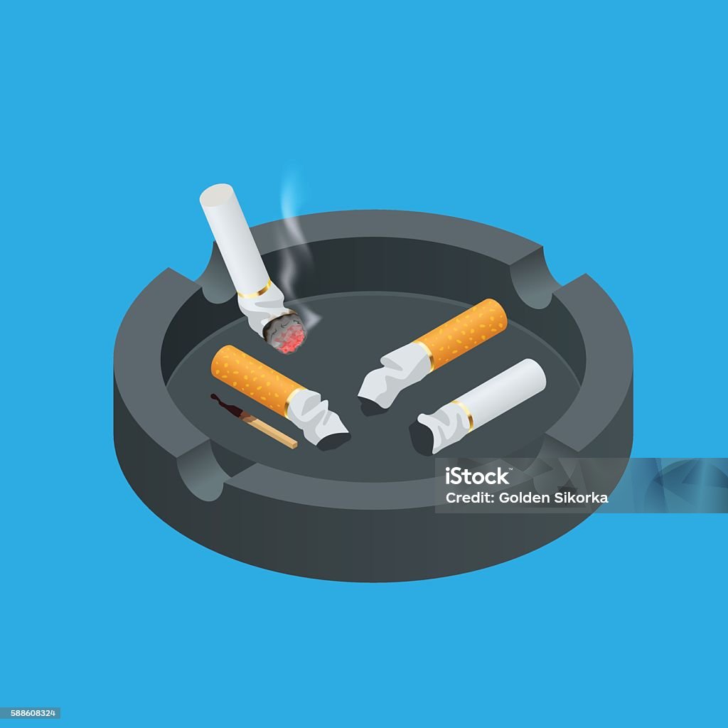 Isometric Black ceramic ashtray full of smokes cigarettes Black ceramic ashtray full of smokes cigarettes. Flat 3d vector isometric illustration Ashtray stock vector