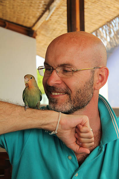 istock smiling bald man with a beard with a parrot on his hand 588609232