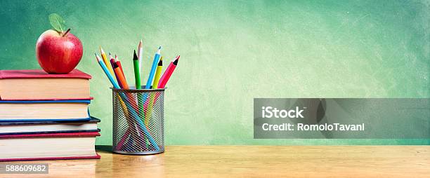 Back To School With Apple On Books And Colorful Pencils Stock Photo - Download Image Now