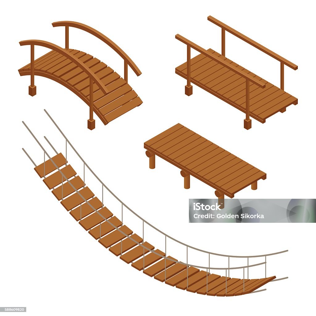 ensemble isométrique de pont suspendu en bois - clipart vectoriel de Pont libre de droits