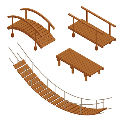 Hanging wooden bridge, wooden and hanging bridge vector illustrations. Flat 3d isometric set