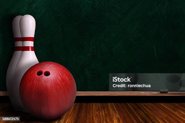 Game Concept With Bowling Equipment And Chalk Board Stock Photo - Download Image Now