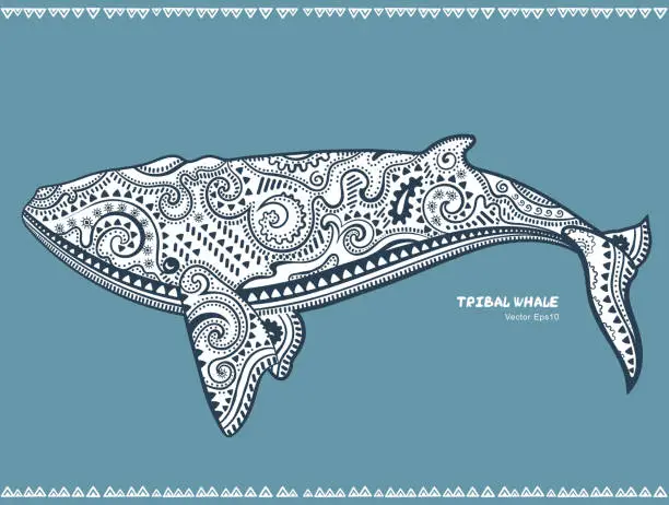 Vector illustration of Ethnic Whale with tribal ornaments can be used as shirt