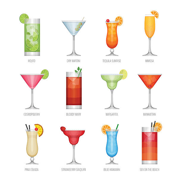 Flat icons set of popular alcohol cocktail. Flat icons set of popular alcohol cocktail. Flat design style, vector illustration. champagne glasses summer stock illustrations