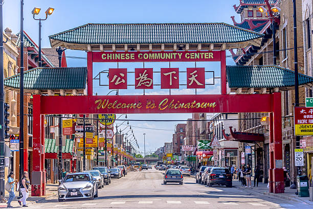 Chicago Chinatown Chicago, USA - August 11, 2015: Chicago Chinatown Wentworth Avenue view. Chicago's Chinatown is a community hub for Chinese people in the Chicago metropolitan area, a business center for Chinese in the Midwest, as well as a popular destination for toursits. chinatown photos stock pictures, royalty-free photos & images