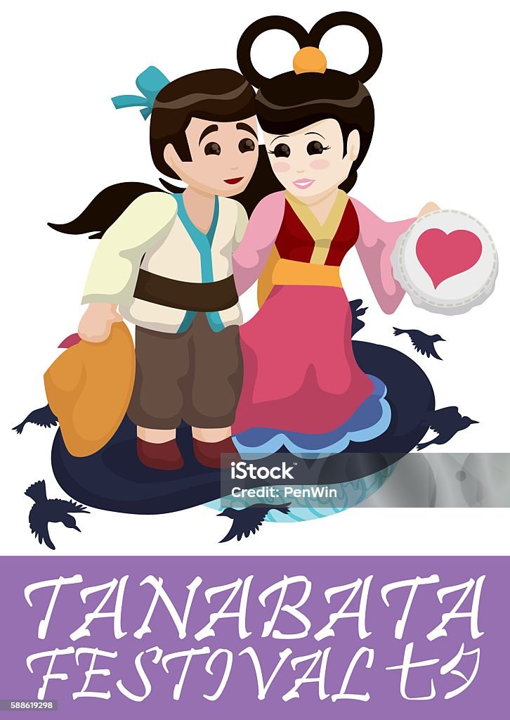 Cute Couple Poster for Tanabata Festival In love couple representing the mythical couple of Tanabata: Orihime and Hikoboshi with magpies around them. Annual Event stock vector