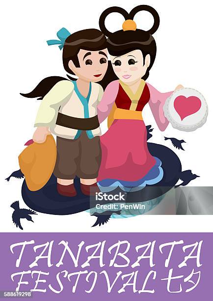 Cute Couple Poster For Tanabata Festival Stock Illustration - Download Image Now - Annual Event, Bird, Bridge - Built Structure