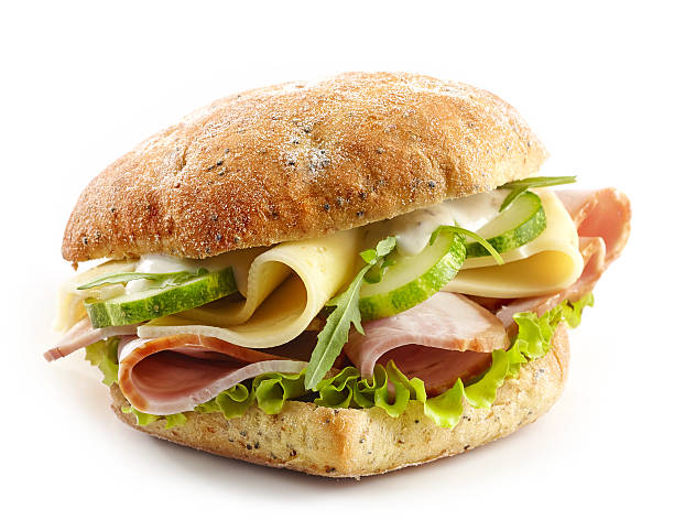 panino con carne, formaggio e verdure - cheese sandwich foto e immagini stock