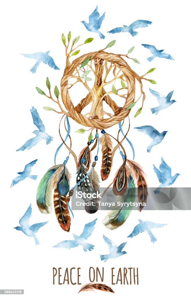 Watercolor ethnic dream catcher and peace sign. Dreamcatcher with birds, feathers and peace sign. Watercolor ethnic dream catcher shaped in peace sign form with tree inside it. Peace on Earth. Hand painted illustration for your design Bird stock illustration