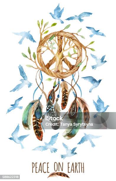 Watercolor Ethnic Dream Catcher And Peace Sign Stock Illustration - Download Image Now - Bird, Boho, Cultures