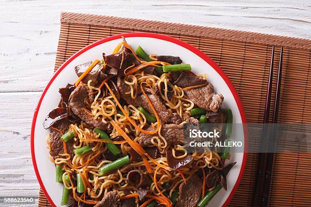 Lo Mein With Beef Muer And Vegetables Closeup Stock Photo - Download Image Now - Above, Chinese Culture, Asian Food