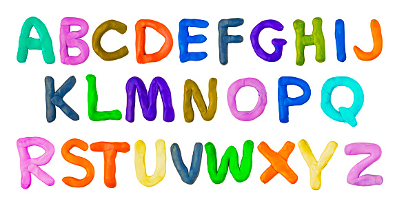Handmade plasticine alphabet isolated on white background. English colorful letters of modelling clay.