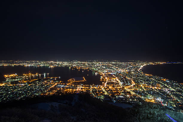 vista noturna de inverno do porto de hakodate - harbor pilot - fotografias e filmes do acervo