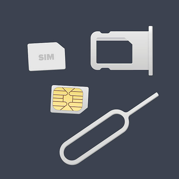 Sim Card, Sim Card Tray and Eject Pin for Smartphone. Small Nano Sim Card, Sim Card Tray and Eject Pin for Smartphone. Vector objects isolated on white. Realistic vector icons. Top view surgical pin stock illustrations
