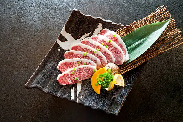 Wagyu Beef sliced in a plate on table