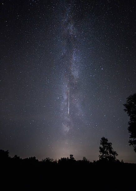istock Shooting star and Milk Way. Perseid meteor shower night sky. 588963446