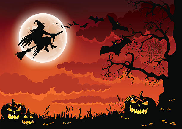 Halloween Wicked Witch Halloween themed illustration with evil pumpkins, bats and a wicked witch silhouette flying by the moon on her broomstick. halloween backgrounds stock illustrations