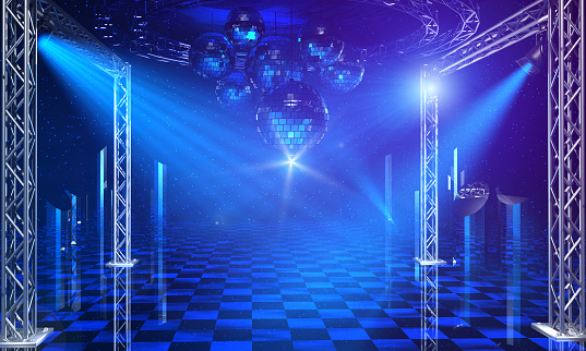 Disco party interior background with blue light rays and chrome scaffold lattice. 3d render