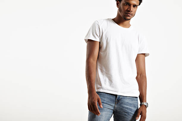 istock Dark skinned male presenting simple white t-shirt 588968328