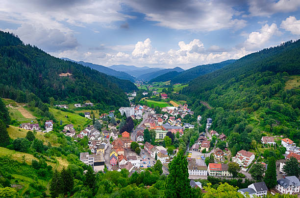 istock Panoramic view on Hornberg valley of Black forest mountains, Baden 588969098
