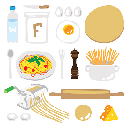 Icons of products for cooking spaghetti. Vector illustration on white background. Elements for design. Italian Cuisine.