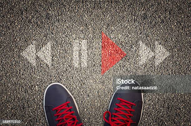 Play Stop And Rewind Icons On Asphalt Stock Photo - Download Image Now - On The Move, Home Video Camera, Ideas