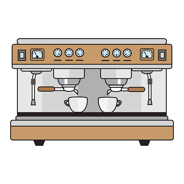 ilustraciones, imágenes clip art, dibujos animados e iconos de stock de máquina de café profesional de colores metálicos en un estilo plano - latté flowing modern life drinks