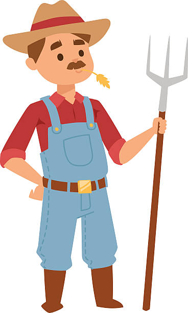 Farmer man vector illustration. Happy smiling caucasian old farmer standing proud wheat fields. Farmer man mustache wearing hat holding rake in his hand. Organic occupation countryside, standing adult farmer man farmer stock illustrations
