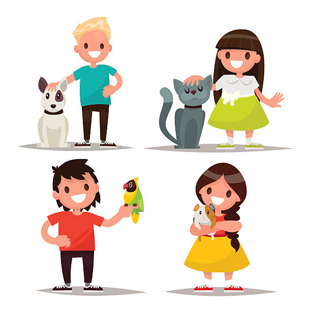 문자 집합입니다. 애완 동물을 가진 어린이. 벡터 일러스트레이션 - child domestic cat little boys pets stock illustrations