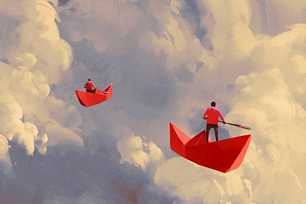 illustrazioni stock, clip art, cartoni animati e icone di tendenza di uomini su barche di carta rossa galleggianti nel cielo nuvoloso - zero gravity illustrations