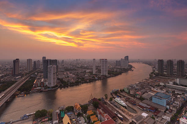 istock Aerial view central city river curved 588978122