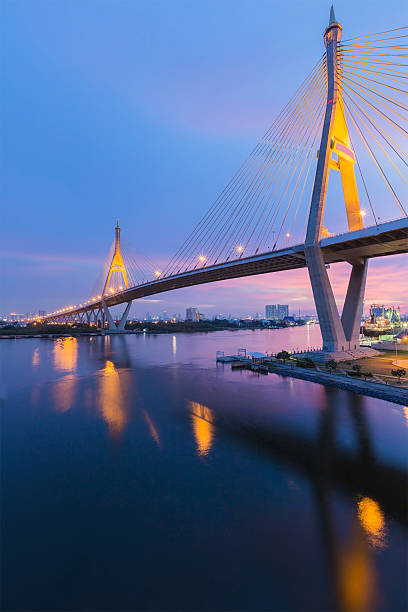 istock Twin suspension Bridge cross river with twilight sky 588978662