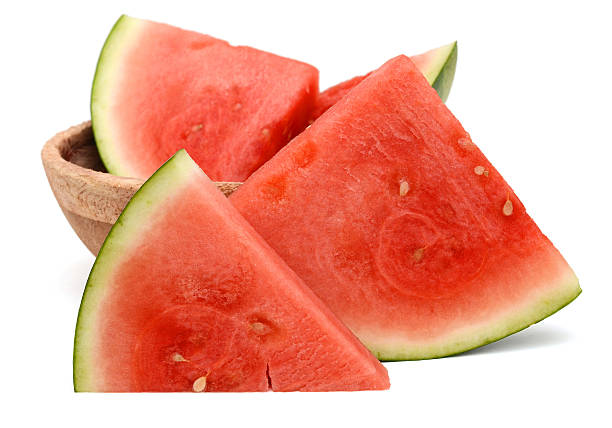 istock Sliced ripe watermelon isolated on white 588980834