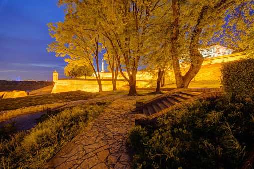 Belgrade medieval walls of fortress and park at night, Serbia