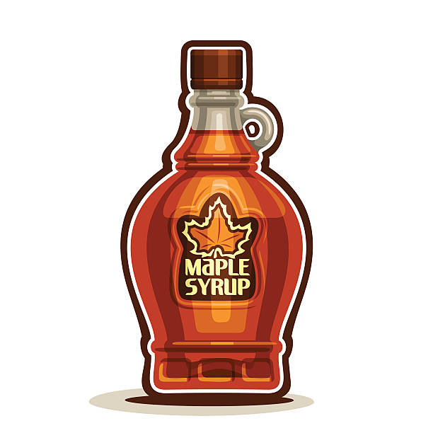 Vector logo Maple Syrup Bottle Vector logo Maple Syrup Bottle, cartoon cruet sweet maple nectar with cap, souvenir glass bottle canadian syrup with leaf on label, isolated on white background, vermont homemade dessert for breakfast maple-syrup-label stock illustrations