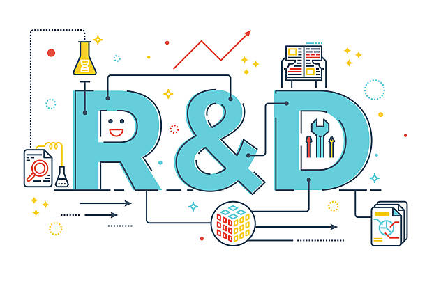 R&D : Research and development word lettering R&D : Research and development word lettering typography design illustration with line icons and ornaments in blue theme r and d stock illustrations