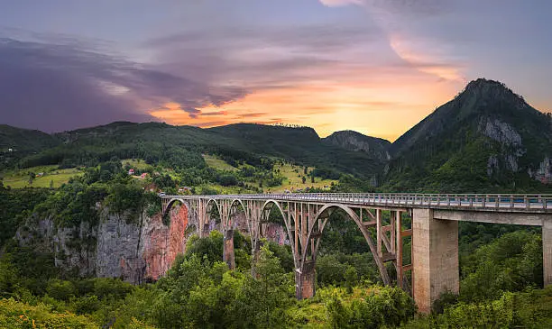 Panoramic view of the bridge Dzhurdzhevicha at sunset. Montenegro