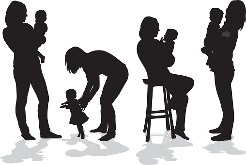 A vector silhouette illustration of a mother with her young daughter in several positions including two holding her in her arms, teaching her to walk, and holding her while sitting on a stool.