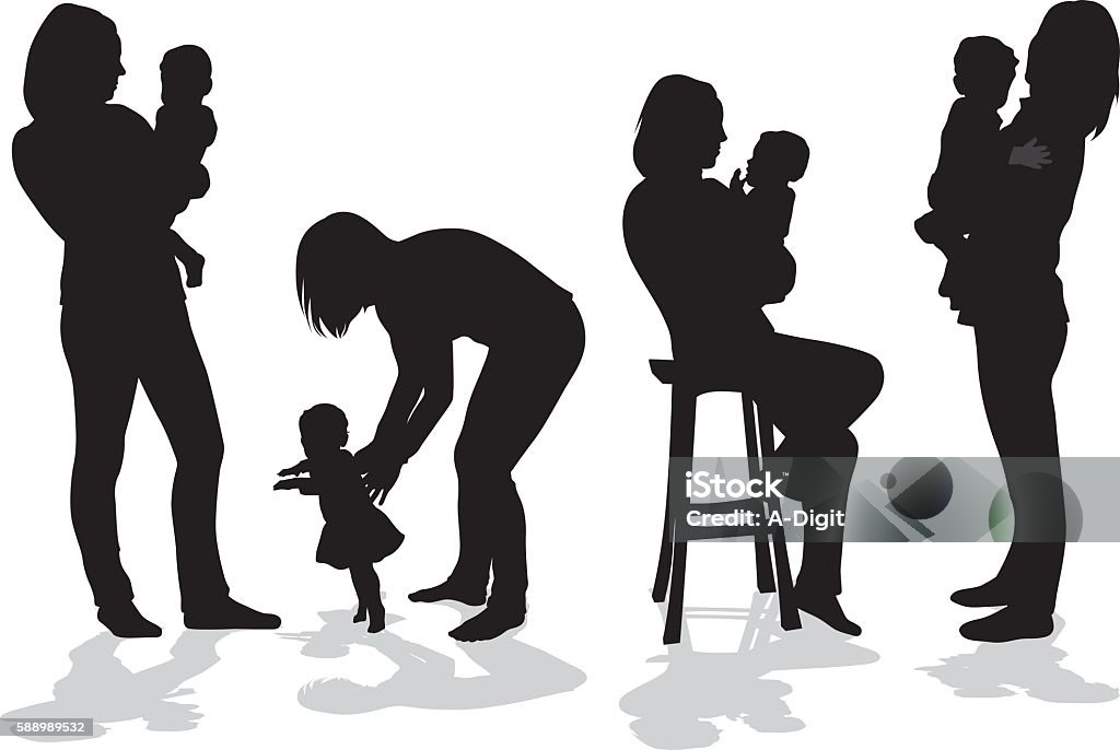 Daily Care Mom And Baby A vector silhouette illustration of a mother with her young daughter in several positions including two holding her in her arms, teaching her to walk, and holding her while sitting on a stool. In Silhouette stock vector