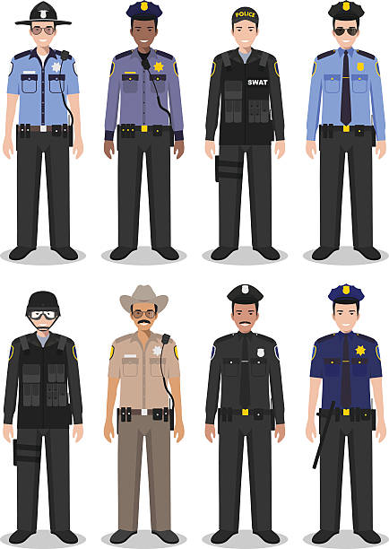 полиция люди концепции swat офицер, полицейский и шериф - badge blue crime law stock illustrations