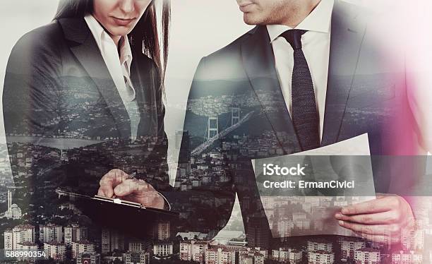 Double Exsposure Business People On City View Stock Photo - Download Image Now - Above, Adult, Adults Only