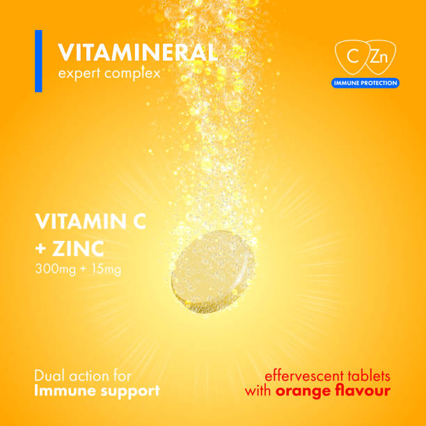 Effervescent soluble tablet pills packaging Effervescent soluble tablet pills. Vitamin C plus Zink soluble pills with orange flavour in water with sparkling fizzy bubbles tails. Vitamineral complex pacakge design with citrus yellow background zinc stock illustrations
