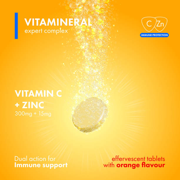 Effervescent soluble tablet pills packaging Effervescent soluble tablet pills. Vitamin C plus Zink soluble pills with orange flavour in water with sparkling fizzy bubbles tails. Vitamineral complex pacakge design with citrus yellow background vitamin c tablets stock illustrations