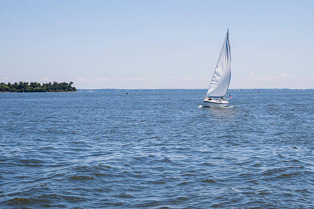 A lone sailboat sailing on the blue waters of the Chesapeake Bay.