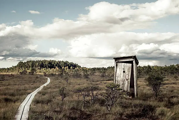 Composite image of an old outhouse standing in the middle of Estonian wetland