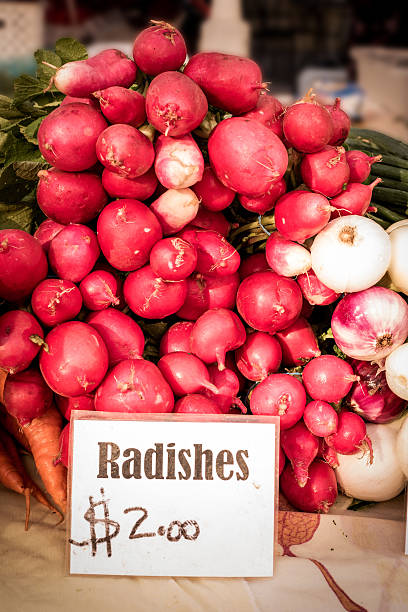 Carefully stacked Radishes at a local farmers market