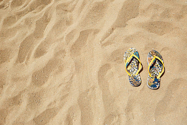 istock Closeup Beach Sandals Flip Flops or Tongs Sandy  Background Copyspace 588994134