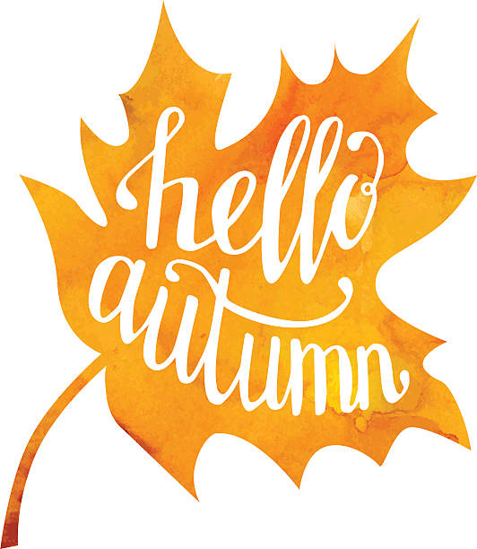 Vector illustration with lettering Hello autumn Vector illustration of maple leaf with hand written phrase Hello autumn. Hand written slogan on bright watercolor texture isolated on white background for your poster, placard, card or flyer design. sayings stock illustrations