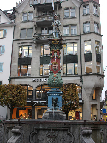 Lucerne, Switzerland - Novembre 24 2016. look to Fritschi Fountain on Kapellplatz.